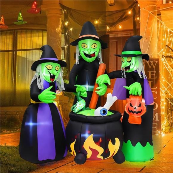 5.9 FT Halloween Decor Inflatable Three Witch Around Cauldron with LED Flashing - Picture 2 of 7